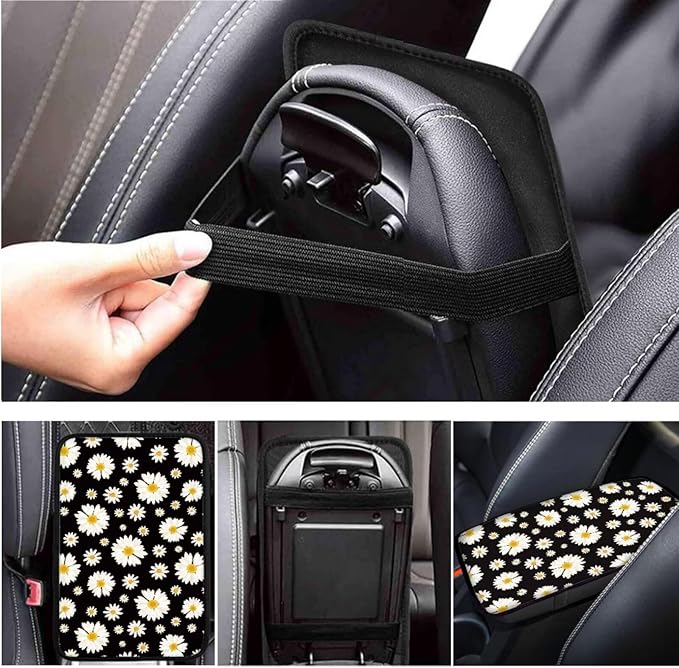 Daisy Flower Car Steering Wheel Cover Set for Women Girl White Flower Handbrake Cover Cup Coaster Armrest Cover Fits Most Cars Trucks Vans and SUV