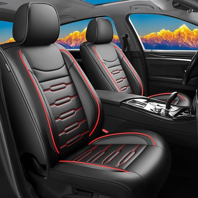 Fit Elantra Car Seat Covers for Hyundai Elantra 2017-2024 2025 2026 - Upgraded Premium Waterproof & Breathable Leather,Airbag Compatible, All-Weather Seat Cushion Protector(Full Set,Black+Red)