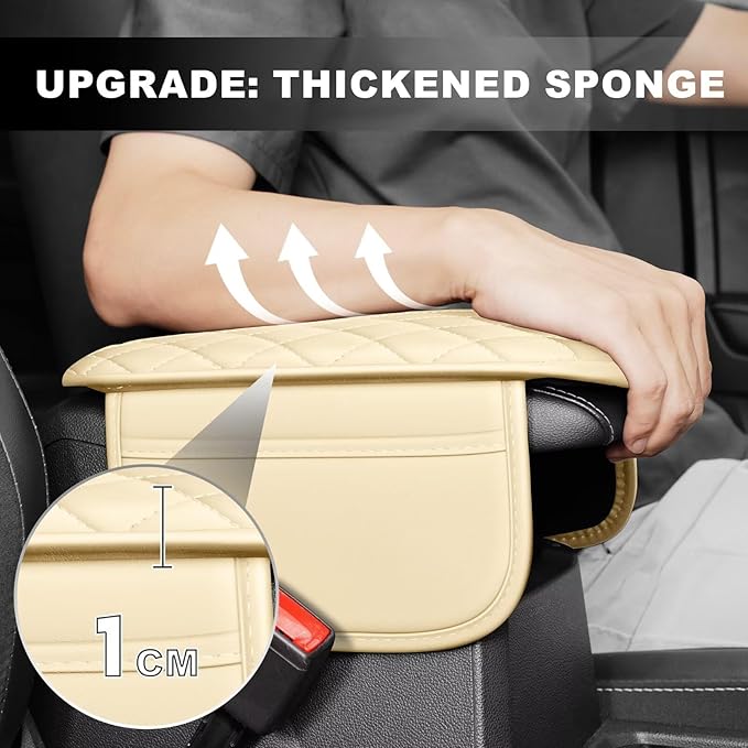 Upgraded Car Center Console Cover Fit for Highlander Faux Leather Car Armrest Cover Cushion with 2 Storage Bags,Car Armrest Storage Box Interior Accessories(Beige&Whiteline)
