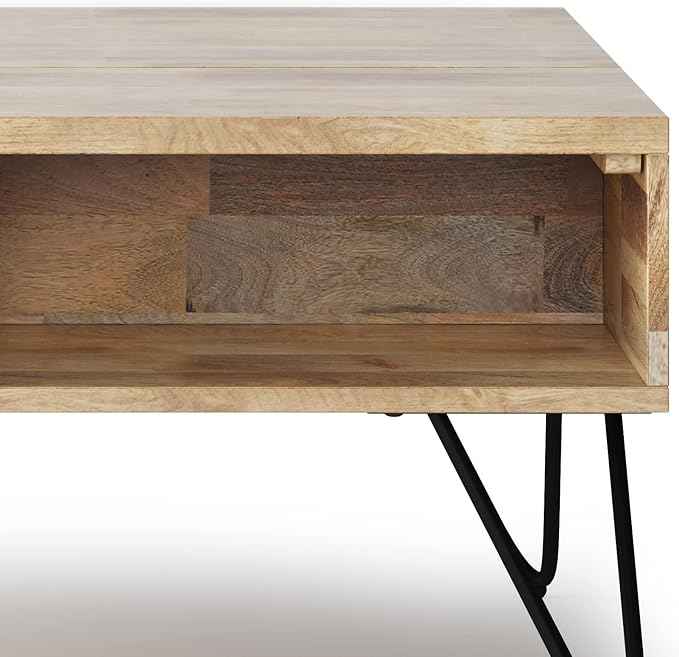 SIMPLIHOME Hunter Small Lift Top Coffee Table - 36 inch Wide Solid Mango Wood and Metal Industrial Cocktail Table in Natural, Living Room Table with Hidden Storage, 2 Cubbies, and Hairpin Legs