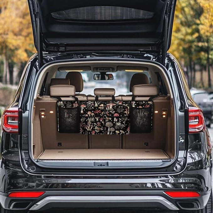 Mushroom Print Car Trunk Organizer, Backseat Hanging Large Storage with Adjustable Straps & 4 Pockets, Waterproof Foldable Cargo Bag, Car Interior Accessories
