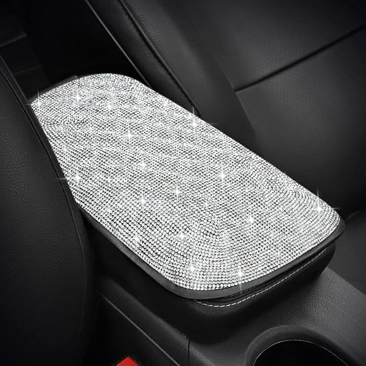 SAVORI Bling Car Armrest Cover Diamond Rhinestone Auto Center Console Cover Protector Arm Rest Cushion Pads Universal Bling Car Accessories for Women Girl Cute Vehicle Interior Decor (White)