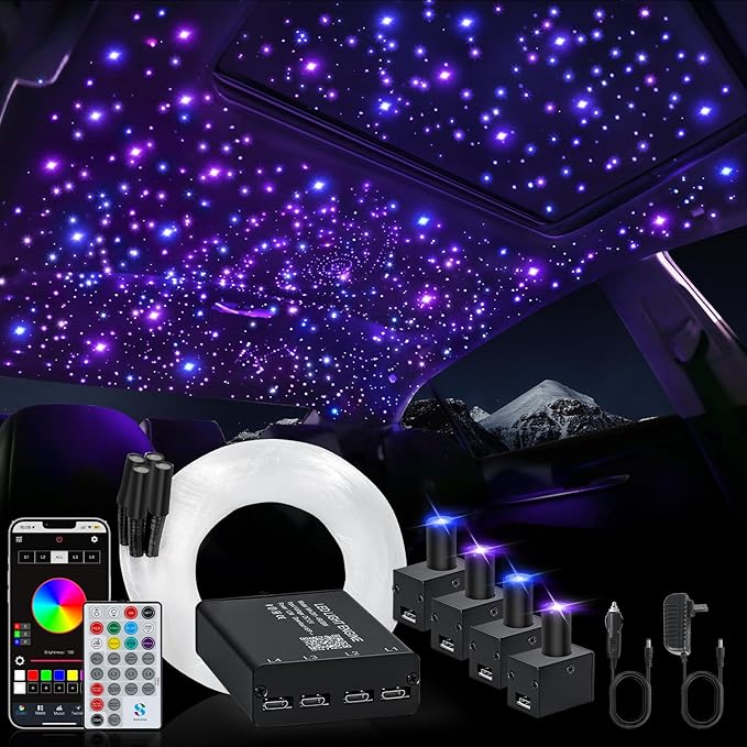 Split 4 Colors 12W Car Starlight Headliner Slim Kit 1000pcs*0.02in*9.8ft with APP&RF Remote,RGBW Fiber Optic Starlight Kit,4 Port Engine Sound Activated Star Lights for Ceiling Car Roof/Home Decor