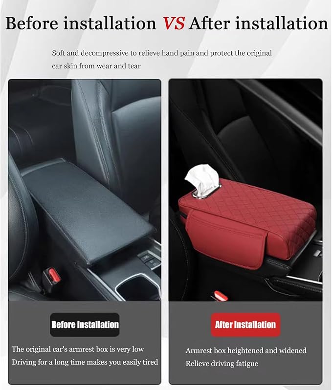 Car Center Console Cover for Toyota Highlander 3.Generation 2013-2020, Leather Car Arm Rest Cover, Car Armrest Cushion with 2 Storage Bags Car Center Console Armrest Pad, C Black+Red