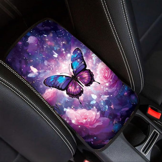 Suobstales Galaxy Butterfly Rose Flower Print Car Armrest Pad Soft Center Console Arm Rest Protector Cover Universal Car Interior Accessories Decoration