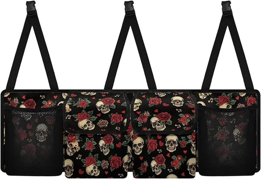 Red Rose Skull Car Trunk Organizer, Backseat Hanging Storage with 4 Large Pockets, Collapsible Cargo Bag with Adjustable Straps Sturdy Space Saving Expert for SUV, Truck, Van