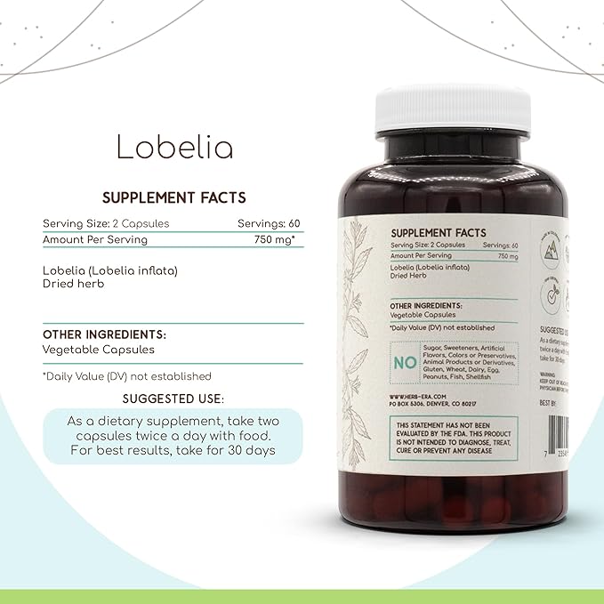 Lobelia 120 Capsules, 750 mg, Lobelia (Lobelia spp.) Dried Herb (120 Capsules)