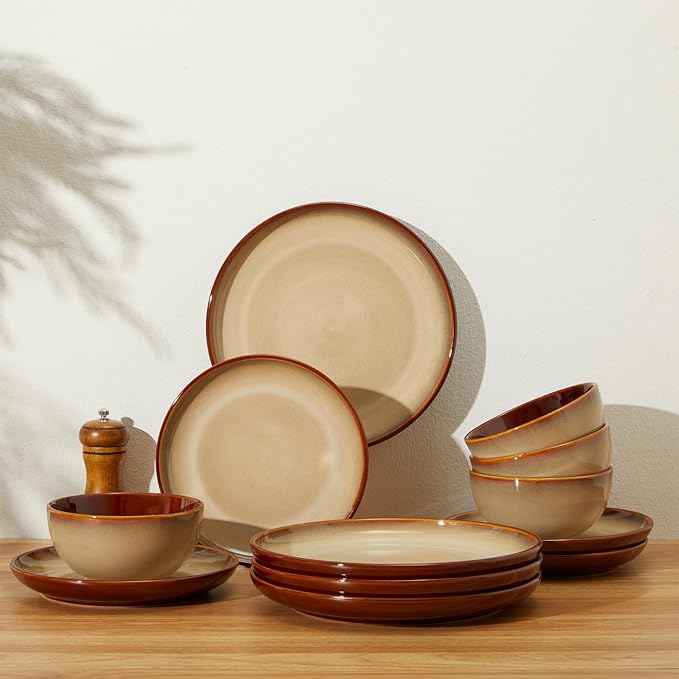 Stoneware Dinnerware Sets, Ceramic Plates and Bowls Set, Microwave & Dishwasher Safe Kitchen Dish Set, Modern Dinner Salad Plates | Cereal Bowls for 4, Dishware Sets Brown Yellow