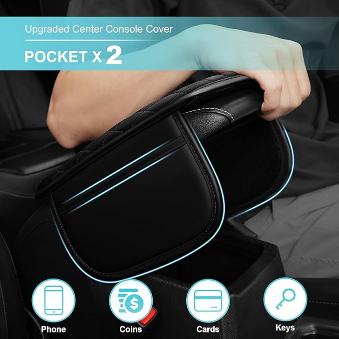 Center Console Cover Fit for Kia Optima 2006-2020 with 2 Storage Bags Waterproof Leather Quilted Pattern Car Armrest Cover Cushion Anti - Slip(Black)
