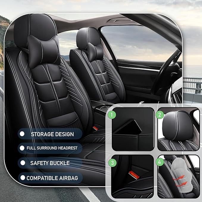 Leather Car Seat Covers Fit for Toyota Avalon Hybrid 2013-2024, 5 Seater Car Seat Cover, Premium Waterproof, Scratch Resistant Car Interior Accessories (Full Set with Pillow Black)