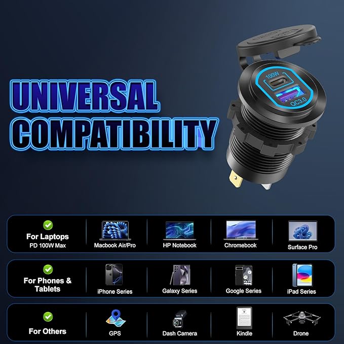 12 Volt USB C Outlet PD 100W Car USB Port for Laptop and QC3.0 18W Car Charger Socket Aluminum Alloy, Fast Charging Cigarette Lighter Replacement DIY Accessary for RV MarineTruck Boat Golf