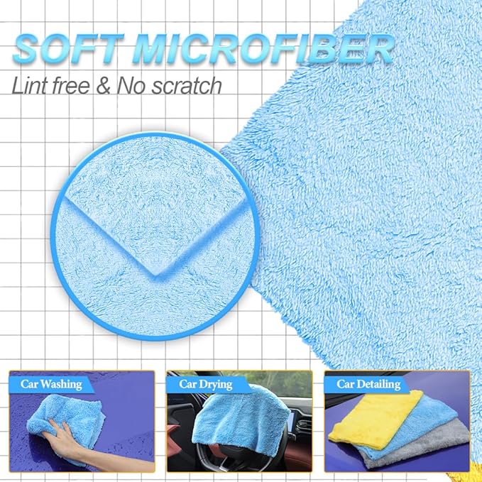 Car Wash Drying Towels, 450gsm Ultra-Thick Absorbent Lint-Free Extra Soft Microfiber Rags for Car Detailing, Interior & Exterior Cleaning Cloths, 16in x 16in - Coral Fleece, Blue, 12 Packs