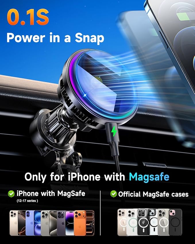 2026 Upgraded TEC & Fan Cooling Magnetic Wireless Car Charger, For 15W Magsafe Car Mount Charger, Air Vent Dashboard Fast Charging Car Phone Holder for iPhone 17/16/15/14/13/12, Samsung ＆ Pixel