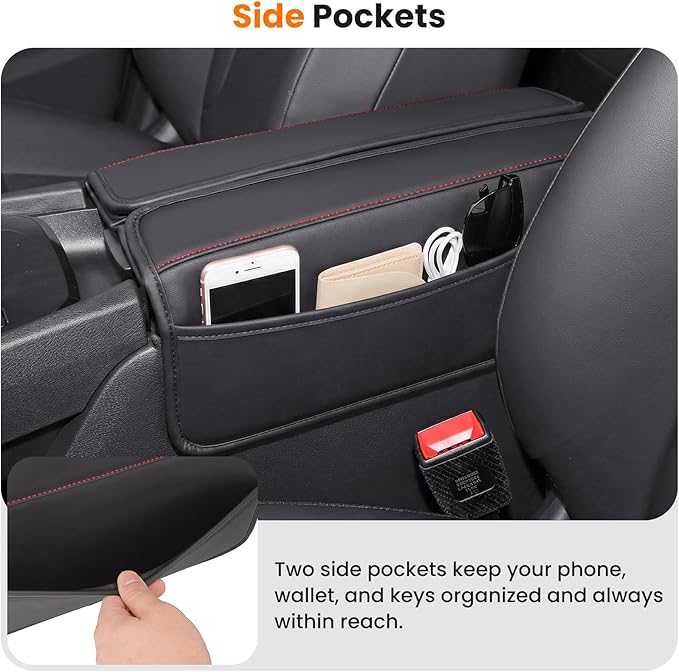 Center Console Armrest Cover for Nissan Rogue 2021-2026, Middle Console Pad Lid Cover Protector Elbow Arm Rest with Side Pockets, Rogue Interior Accessories, PU Leather (Red Stitches)