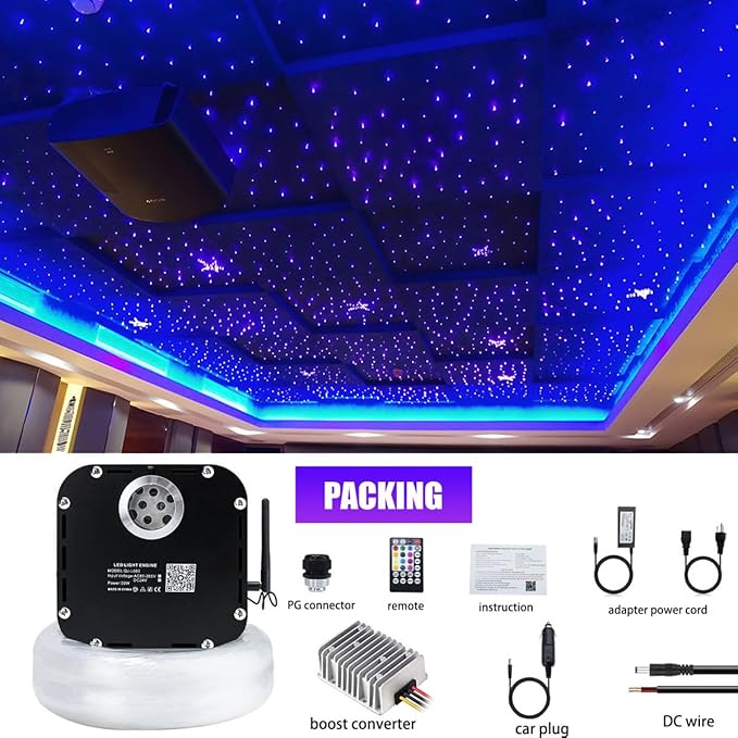 AZIMOM High Brightness 50W Twinkle Fiber Optic Starlight Kits for Theater Ceiling Headliner1000pcs 0.03in 16.5ft Fiber Strands Sound Activated Bluetooth/APP Remote Control Home Shop Lobby Roof Decor