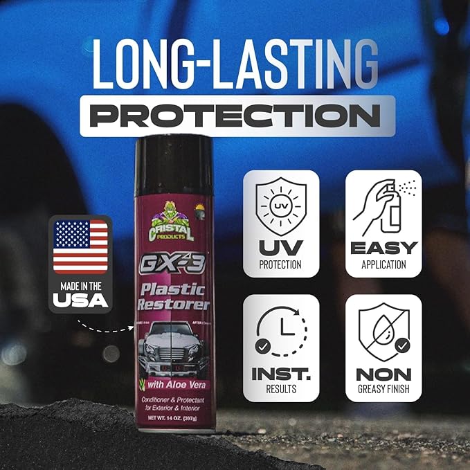 GX-3 Plastic Restorer – Black Plastic Restorer for Cars & Automotive Trim Restorer – Interior Car Cleaner & Exterior Faded Plastic, Vinyl & Rubber Renewer with Aloe Vera 4PK (8 fl oz)