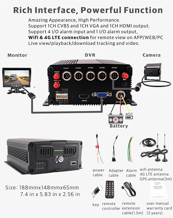 JOINLGO 4 Channel 256GB 1080P AHD HD Mobile Vehicle Car DVR Black Box Video Recorder Kit with 4pcs Waterproof Side Rear View Backup Night Vision Metal IR 2.0MP Car Camera 7" HD Car Monitor