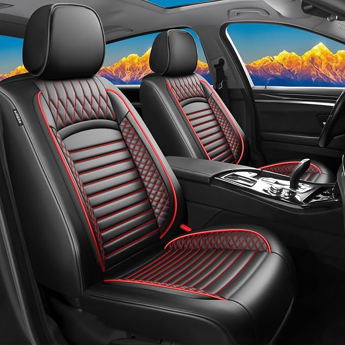 Fit Camry Car Seat Covers for Toyota Camry 2012-2024 2025 2026 - Upgraded Premium Waterproof & Breathable Leather, Airbag Compatible, All-Weather Seat Cushion Protector (2 Front/Black+Red)