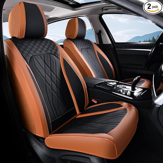 FLORICH Front Seat Covers Leather Seat Covers for Cars Automotive Seat Cover Breathable Waterproof Full Wrapping Edge Car Seat Protector Cover Universal Fit for Most Car Truck SUV, Brown&Black