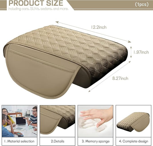 Car Armrest Cushion, 12.2"×8.3" Leather Auto Memory Foam Center Console Pad with Storage Pocket, Waterproof & Anti-Scratch Elbow Pillow Armrest Seat Box Protector, Universal Fit (Beige)