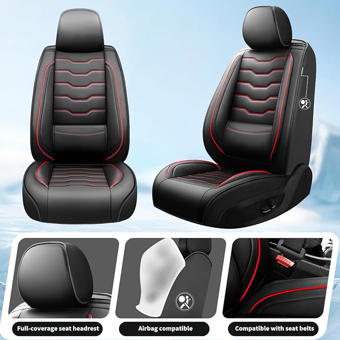 Fit Kicks Car Seat Covers， Compatible with Nissan Kicks 2018-2026 -Premium Leather, Waterproof Breathable All-Weather Seat Cushion Protector Airbag Compatible（2 Seats Front Pair，Red Line Black
