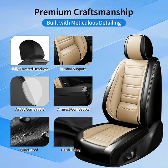 Fit CX-50 Car Seat Covers for Select Mazda CX50 2023-2026, Premium Full Coverage Leather, Airbag Compatible, Waterproof All Weather Seat Protector, Front Pair Black+Beige