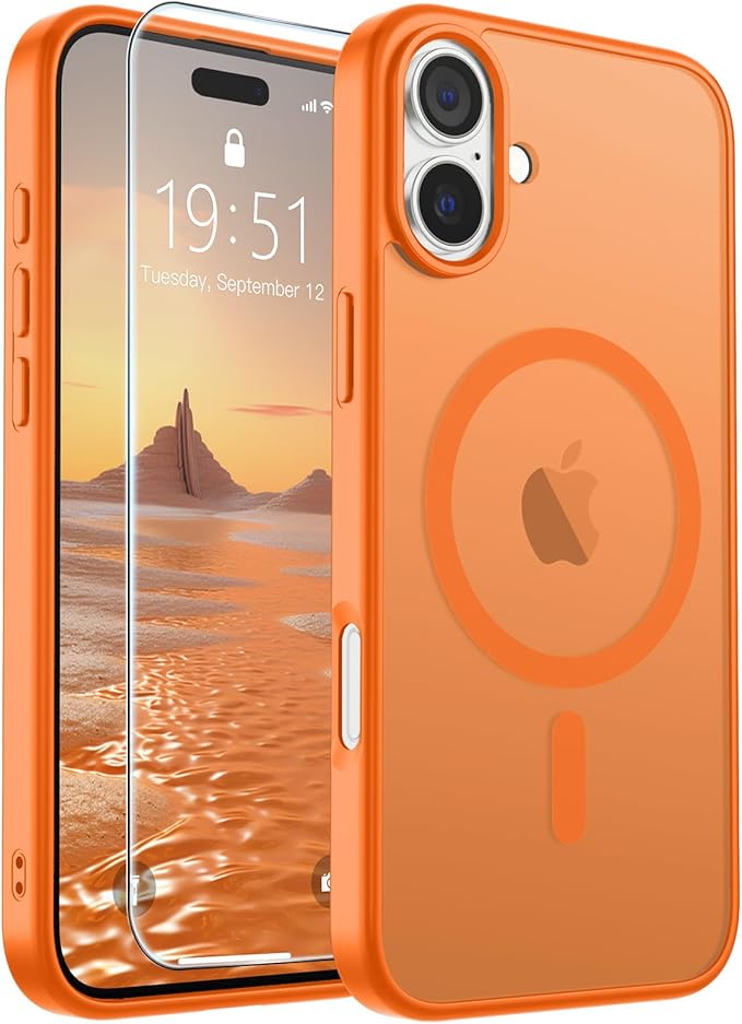 SUPFINE Magnetic for iPhone 16 Case with Screen Protector (Compatible with MagSafe) (Military Grade Drop Protection) Translucent Matte Shockproof Phone Cover,Starry Orange