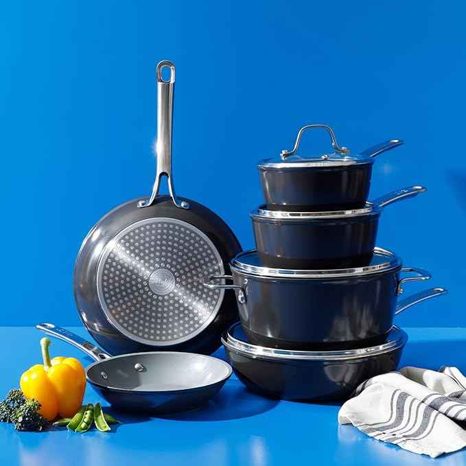 Sur La Table Kitchen Essentials 10 Piece PFA Free Titanium Ceramic Nonstick Interior Forged Aluminum Cookware Pots and Pans Set - Black - Induction Compatible