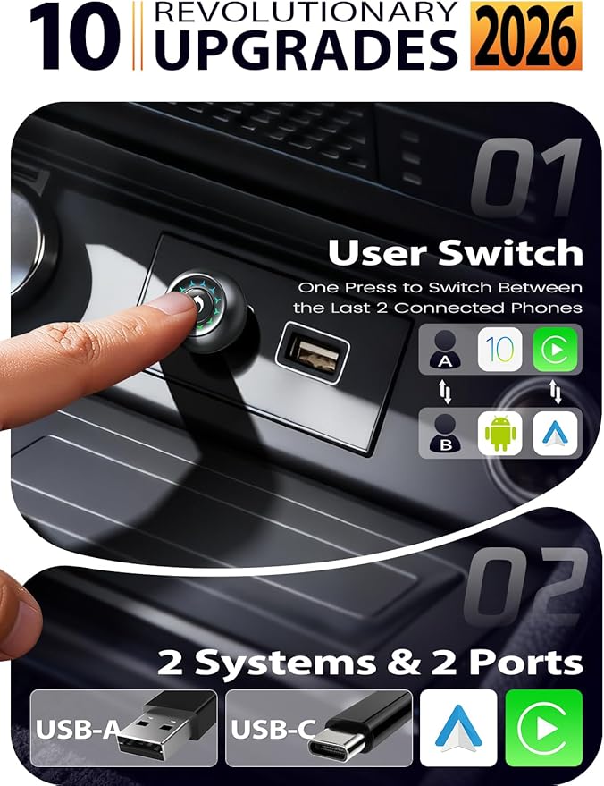 Wireless CarPlay Adapter & Android Auto Adapter, One-Click User Switch, Fast & Stable, Converts Wired to Wireless, Stable Connection Car Play Dongle for iOS 10+ / Android 11+ (Gray)