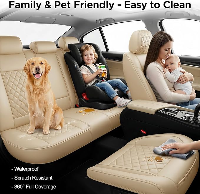 Santa Fe Seat Covers Custom Fit for Hyundai Santa Fe 2007-2026 (Only 5-Seat Version) - Full Set Premium Leather, Waterproof, All-Weather, Airbag Compatible, Only 2 Front seat Covers (Beige)