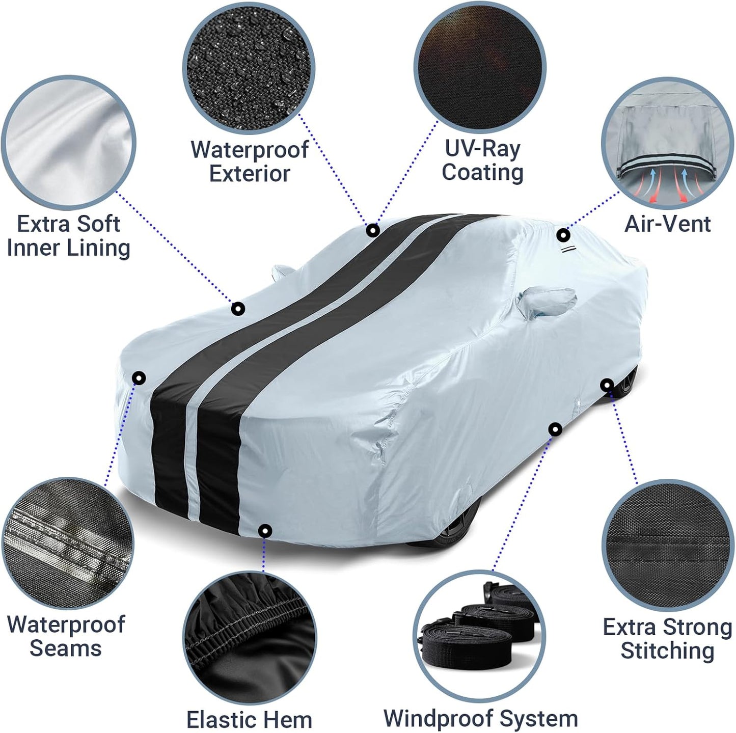 iCarCover Custom Car Cover for Chevy Caprice Sedan (2011-2017) Waterproof All Weather Rain Snow UV Sun Protector Full Exterior Indoor Outdoor Car Cover (Stripe - Gray/Black)