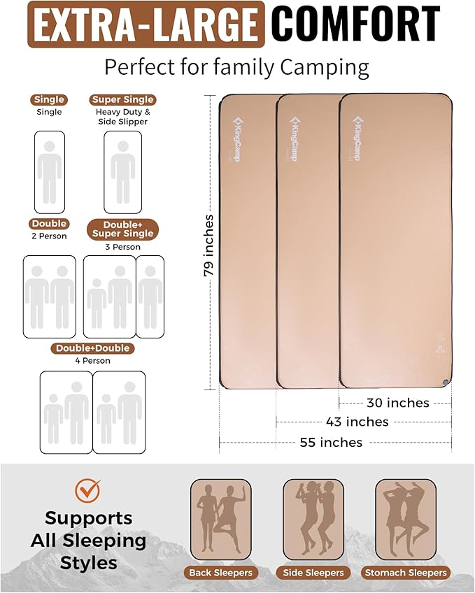 KingCamp FLEXIREST 5.0 Camping Mattress, No Sag High-Support Inflatable Double Sleeping Pad with 1100lbs Capacity & Pump Sack, PVC-Free Air Bed for Outdoor Car Tent Cot Camping Glamping Couples, Full
