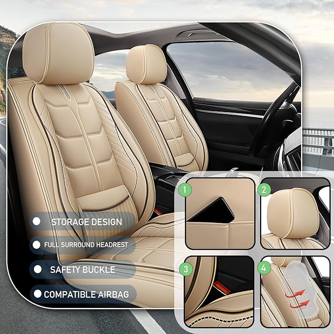 Leather Car Seat Covers Fit for Toyota Camry Solara 2004-2008, 5 Seater Car Seat Cover, Premium Waterproof, Scratch Resistant Car Interior Accessories (Full Set Beige)