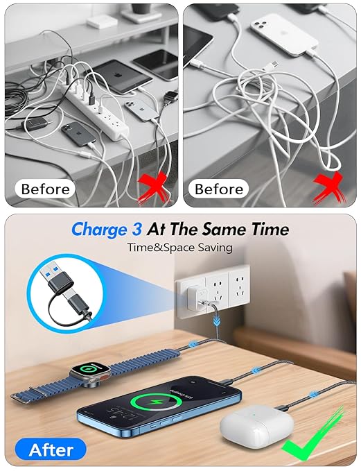 2Pack Multi Charging Cable Cord for Travel Essentials,Apple Watch Charger,iPhone Charger,[3-in-2] Type C/L Cable Portable Designed for iWatch,iPhone 17-8,Galaxy S25-21,AirPods,iPad-4FT Black