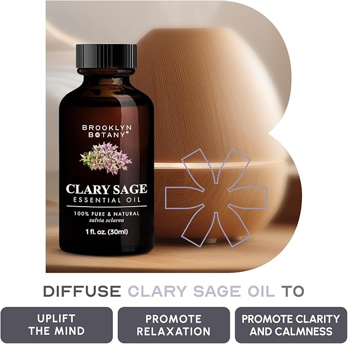 Brooklyn Botany Clary Sage Essential Oil - 100% Pure and Natural - Premium Grade Oil with Dropper - for Aromatherapy and Diffuser - 1 Fl Oz