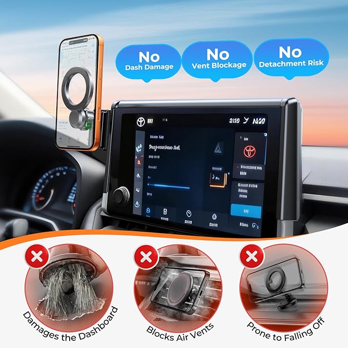 Car Phone Holder for Toyota BZ4X & Subaru Solterra 2026 2025 2024 2023 (Only for 8/12.3-Inch Screen) 360° Rotation Magnetic Cell Phone Mount, Compatible with Magsafe, Does Not Affect Air Vent