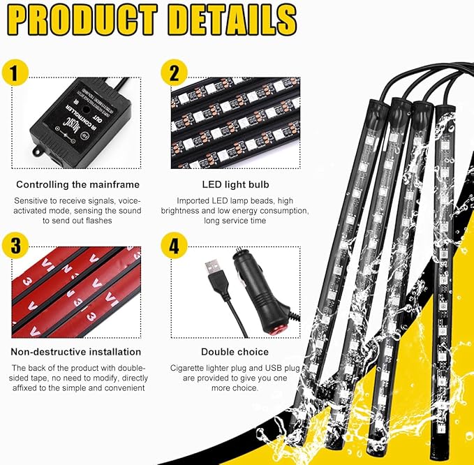 povtii Car Led Interior Lights, RBG 48 LED Multicolor Music Auto Interior Strip Light with Remote Control, Waterproof Lighting Lamp Kit Under Dash with Charger, Car Accessories (Cigarette Lighter)