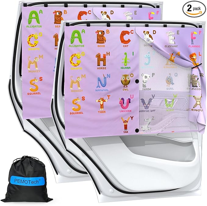 Car Window Shades with 8 Magnets-26.8"x19.7" Car Rear/Side Window Sunshade for Baby Semi-Transparent 2-in-1 Universal Auto Sun Shade for Kid & Pet Protection (2 Pack) Animal Alphabet Education