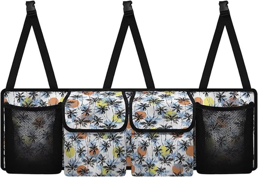 Palm Print Trunk Hanging Organizer, Backseat Bag, Car Interior Accessories with 2 Pockets & 2 Mesh Pouches for Groceries, Will Provide More Storage Trunk Space for SUV, Jeep, MPVs