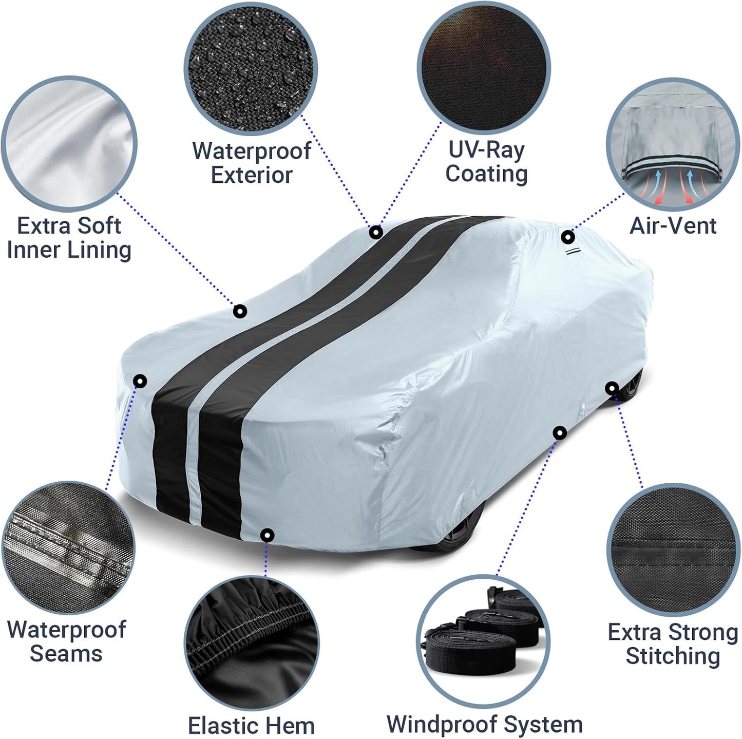 iCarCover Custom Car Cover for Chevy Del Ray (1958) Waterproof All Weather Rain Snow UV Sun Protector Full Exterior Indoor Outdoor Car Cover (Stripe - Gray/Black)