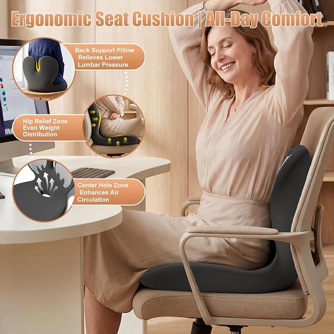 Car Seat Cushion with Lumbar Support for Long Driving Truck RV, 3" Lift Breathable Ergonomic Memory Foam Cushion for Hip, Coccyx, Sciatica, Tailbone & Lower Back Support Vehicles Office Chair (White)
