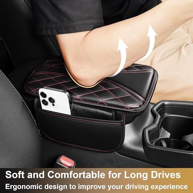 Center Console Cover Fit for Highlander Scratch & Wear Resistant Waterproof Middle Console Cover with 2 Storage Bags(Black&Redline)