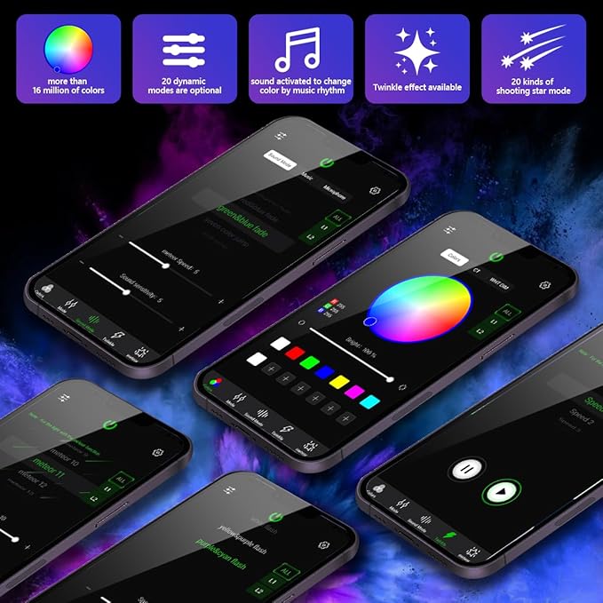 AMKI Dual Color 20W Twinkle Starlight Headliner Kit 800pcs*0.03in 13.1ft Cables+ RGB Meteor Shooting Star Fiber Optic Light Sound Activated APP/Remote Control for Car Roof Home Ceiling