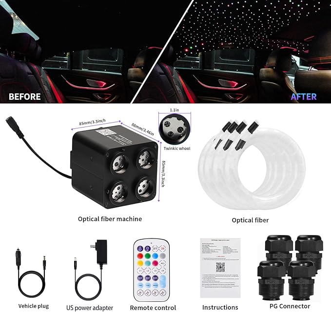 36W 4-Color RGBW Car Starlight Headliner Kit, 1100pcs0.03in13.1ft, Twinkle & Sound Activate 4-Port Fiber Optic Light Engine with Bluetooth APP&Remote Control, Star Lights for Car and Home