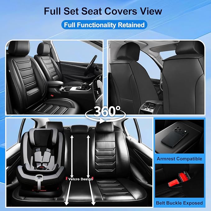 Fit Ridgeline Car Seat Covers (Front Pair) for Select Honda Ridgeline 2007-2026 - Premium Full Coverage Leather, Airbag Compatible, Waterproof & All Weather Seat Cushion Protector, Black