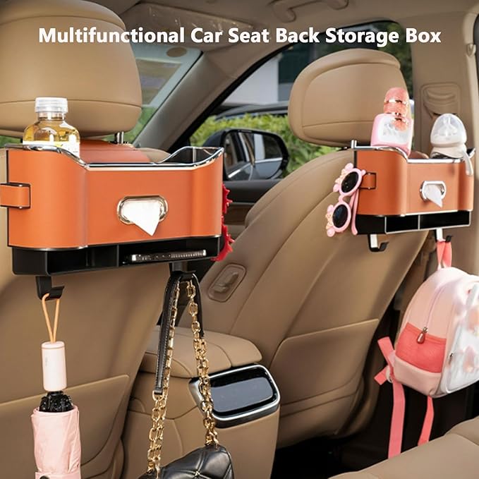 Multifunctional Car Seat Back Storage Box, Multifunctional Car Logo Seat Back Storage Box, Universal back seat car organizer, Car Tissue Organizer Back Seat with 2 Drink Cup Holder (White)
