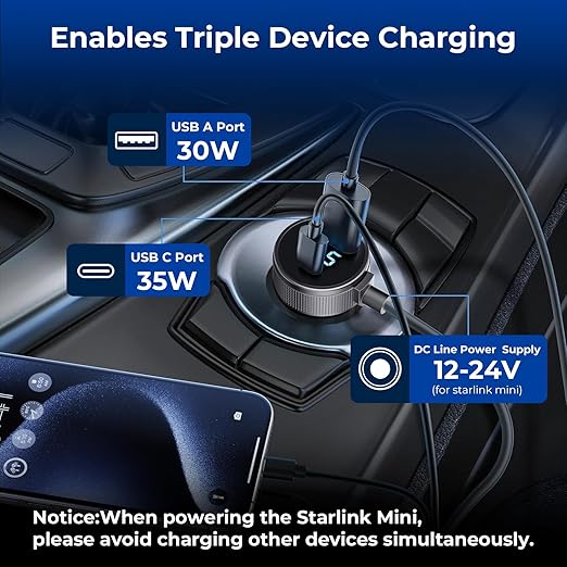 Starlink Mini Cable, 3 in 1 Starlink Mini Car Charger DC Power Cable+ Cigarette Lighter Adapter 12V-48V with Digital Display, Durable USB C PD 40W and USB A 35W Ports for Trucks and Cars (16.4FT)