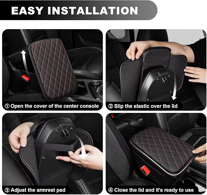 Upgraded Car Center Console Cover Fit for bZ4X Faux Leather Car Armrest Cover Cushion with 2 Storage Bags,Car Armrest Storage Box Interior Accessories(Black&Redline)