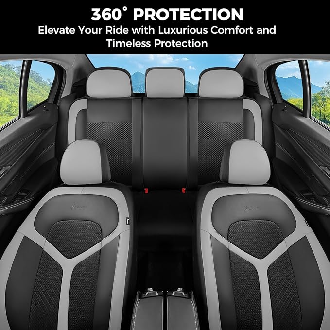 FLORICH Car Seat Covers Full Set, Universal Seat Cover 5 Seats, Automotive Seat Covers with Mesh Leather, Waterproof Car Seat Protector, Breathable Car Seat Cushion for Most Car SUV Truck, Gray
