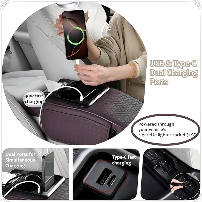 2026 Enhanced Car Center Console Armrest Cushion with USB& Type-C Charging, PU Leather Console Pad with Cup Holders, Storage& Tissue Outlet for Most Vehicles (Flat Version, Black-Red line)